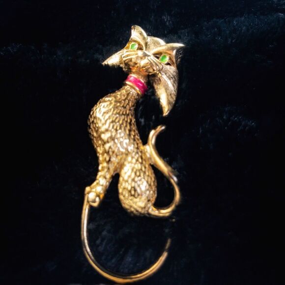 Vintage Retro Green Eyed Kitty Cat Brooch Pin - Picture 1 of 5